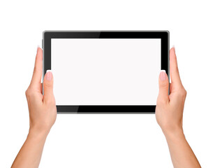  Female hands holding and touching on tablet pc isolated on white background.
