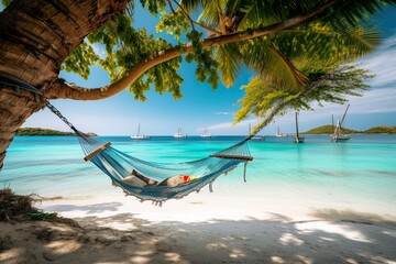 Tropical beach with hammocks with clear sky