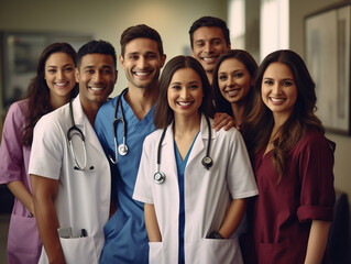 happy multiracial medical professionals standing in hospital, group portrait, AI generative