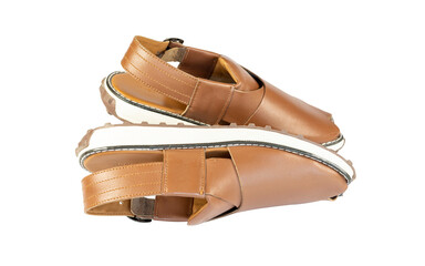 Peshawari traditional leather chappal or flipflop footwear isolated on white background