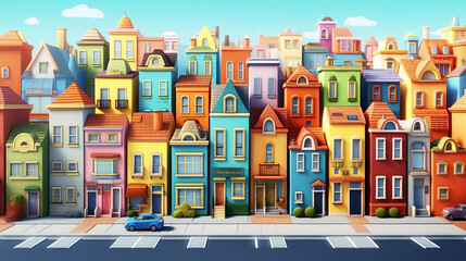 Colorful street full of houses of all colors illustration background