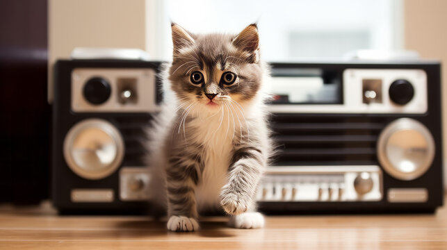 Cute cat kitten listening to music and dancing with a music player