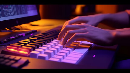 Man typing on keyboard close-up view with cinematic lighting colors purple and orange