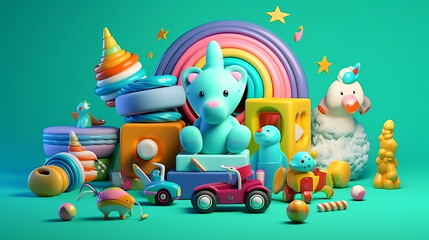 Obraz premium Composition of toys and items related to newborn baby boys with vivid colors background