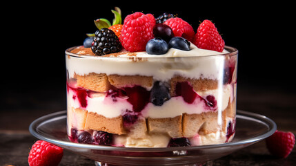 Red berry fruits tiramisu with many fruits close-up view