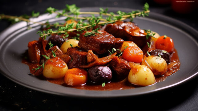 Beef Bourguignon Plate A Traditional French Beef Stew In Red Wine Sauce And Vegetables