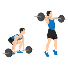 Fototapeta na wymiar Man doing Barbell high pull exercise. Flat vector illustration isolated on white background