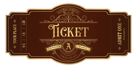 Vintage ticket template in golden colors  on dark brown background. For excursion routes, retro parties and clubs and other projects. Just add your text. Vector, can be used for printing. - obrazy, fototapety, plakaty