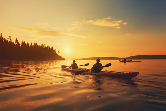 People kayaking and having fun at sunset