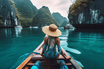 Woman wearing a hat and travelling on a boat through Asia. Thailand. Summer holiday and vacation concept - obrazy, fototapety, plakaty