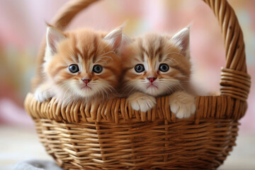 Fototapeta na wymiar Two cute kittens are sitting in a wicker basket.Generative AI