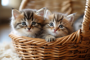 Two cute kittens are sitting in a wicker basket.Generative AI