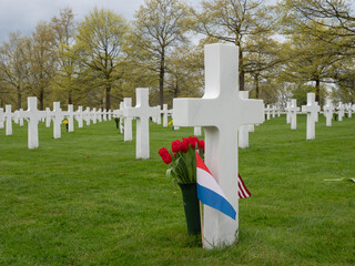 Memorial liberation day at American cemetery with white crosses and Dutch flag in Margraten, the...