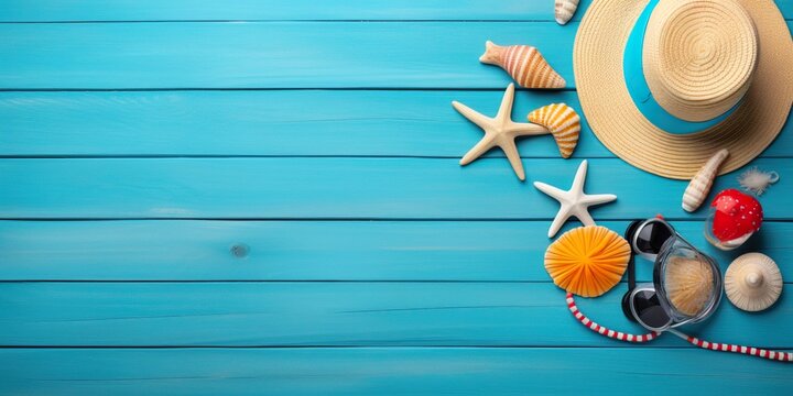 Beach accessories on a blue surface. Summer and holiday concept