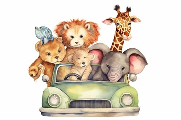 Baby safari animals in car painted in watercolor on a white isolated background. Generative AI - obrazy, fototapety, plakaty