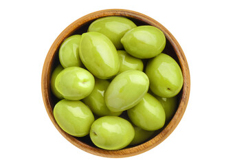 Delicious olives with leaves in a wooden bowl, cut out