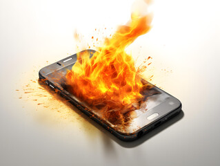Burnt Smartphone on White Background, Device on Fire, Danger & Technology Concept, Generative AI.