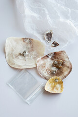 Handmade seashell earrings and tools for creating. Crafting eco friendly jewelry from natural material.