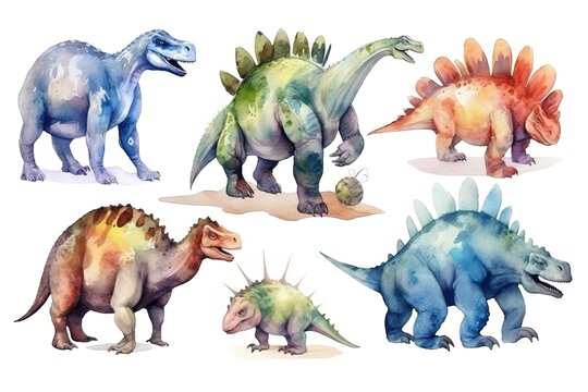 set of colorful dinosaurs painted in watercolor on a white isolated background. Generative AI