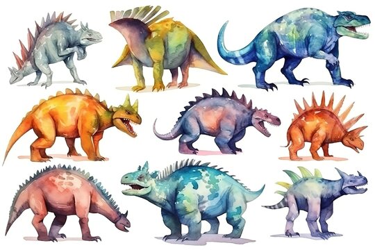 Fototapeta set of colorful dinosaurs painted in watercolor on a white isolated background. Generative AI