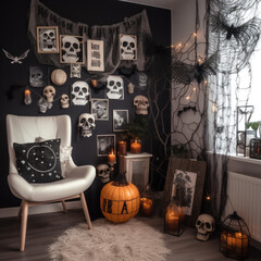 Small corner in living room decorated for Halloween. White armchair, decorative skulls, candles.