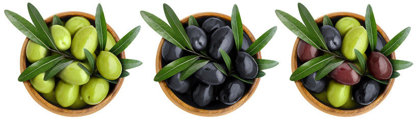 Set of wooden bowls with delicious olives, cut out