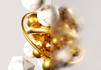 Abstract white marble and golden balls isolated on white background.
