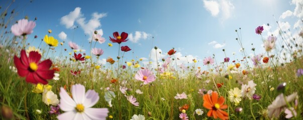 Beautiful banner multicolored flowers in meadow in spring summer nature against blue sky. Ai generative.