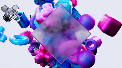 Abstract blue, pink, glass, purple geometric shapes on white background.