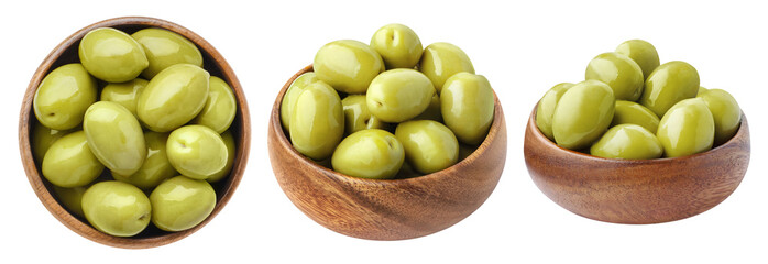 Set of wooden bowls with delicious olives, cut out