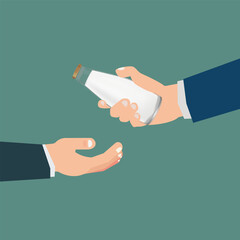 Businessman hand giving a bottle of white milk vector illustration