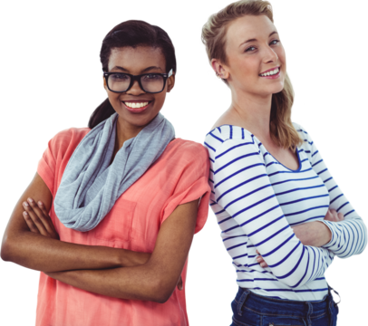 Digital png photo of happy diverse girls standing back to back on transparent background