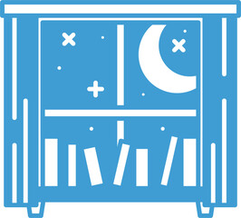 Digital png illustration of blue window with books, moon and stars on transparent background
