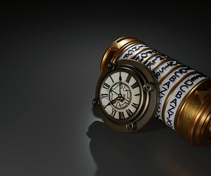Cryptex device and vintage clock in the  dark background 3d rendering