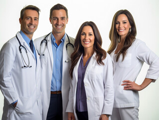 Fototapeta premium happy multiracial medical professionals standing in the studio with white background, group portrait, AI generative