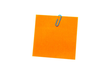 Digital png illustration of orange memo note with blue paper clip on transparent background