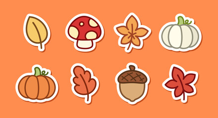 Collection of autumn sticker cartoon, fall thanksgiving season elements. Vector illustration.