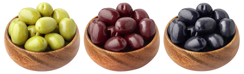 Set of wooden bowls with delicious olives, cut out
