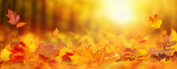 Colorful universal natural panoramic autumn background for design with orange leaves and blurred...