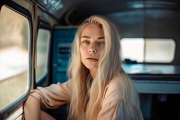 Fototapeta na wymiar Blonde Beauty on Wheels: A Stunning Young Woman Embracing the Van Life Adventure, ai generative