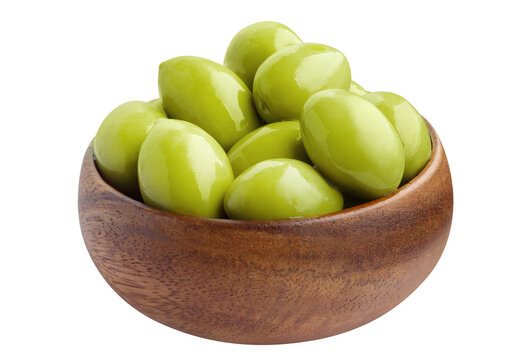 Delicious olives with leaves in a wooden bowl, cut out