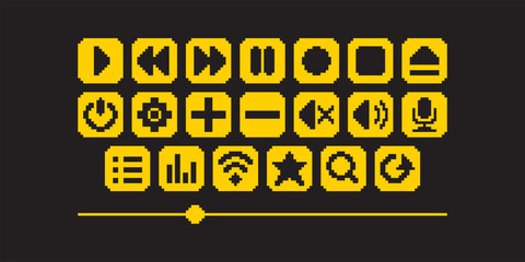 Fototapeta premium simple flat pixel art set of yellow media player buttons for audio or video on black background. Design concept in retro style