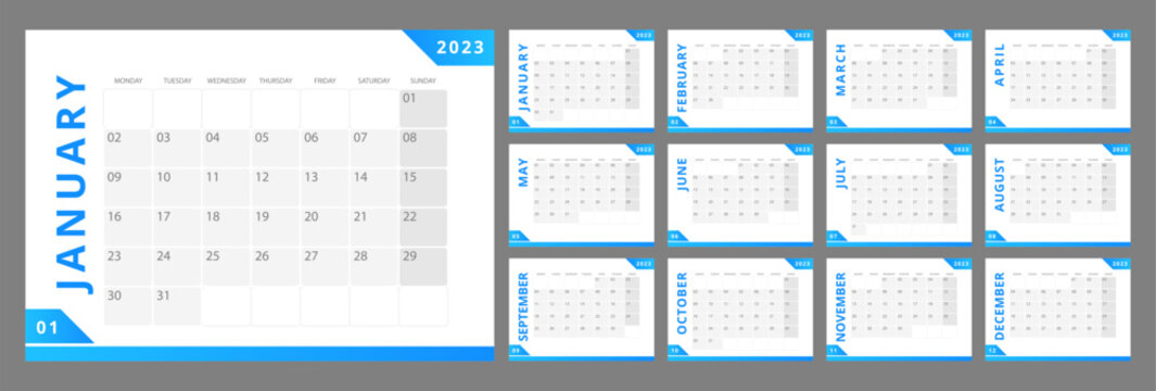 Scientific research providing desk calendar design template for 2023 year. 12 months pages set. Week starts on Sunday. Monthly custom schedule pack ready for print. Open Sans font used