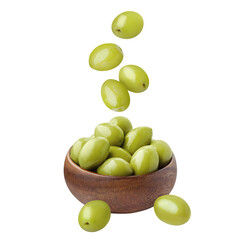 Delicious olives, falling into a wooden bowl, cut out
