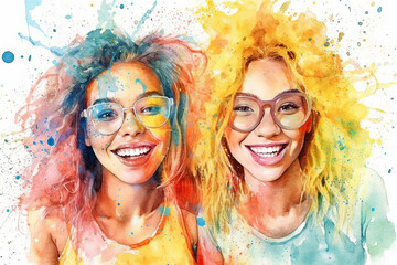 Happy Smiling Two Women in Glasses Watercolor Illustration, generative ai, white background.