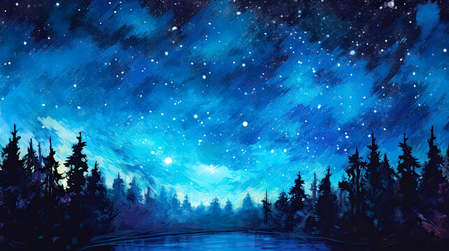 Night Blue Starry Sky Landscape Painting, generative ai