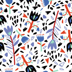 Vector summer pattern in blue and red shades in floral stylized flowers on a monochromatic isolated background
