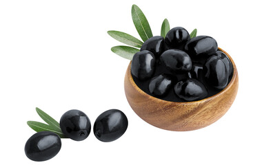 Delicious olives with leaves in a wooden bowl, cut out