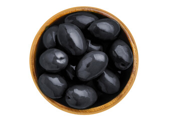 Delicious olives with leaves in a wooden bowl, cut out