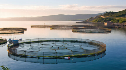 fish farm farming with nets. generative ai